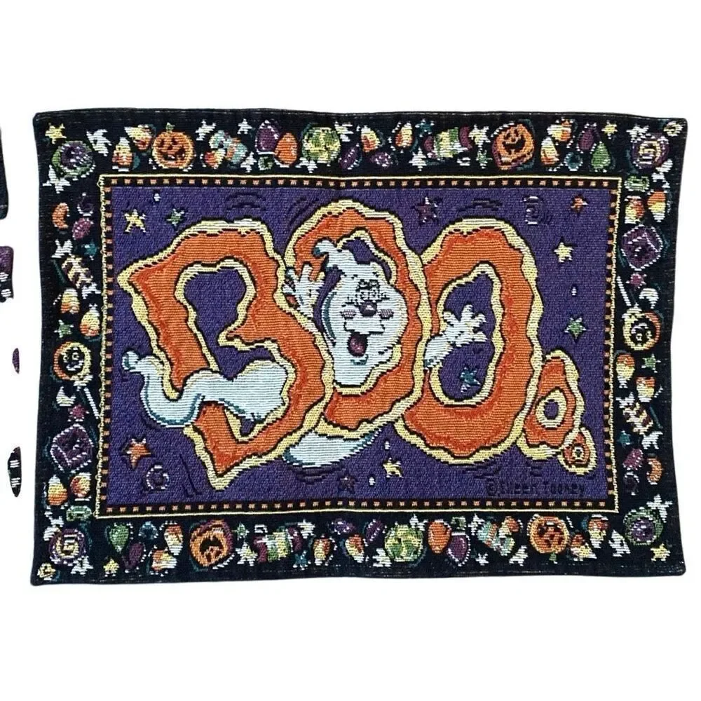 Vintage Halloween Woven Placemats Tapestry Set Pumpkins Witches 90s Cottagecore